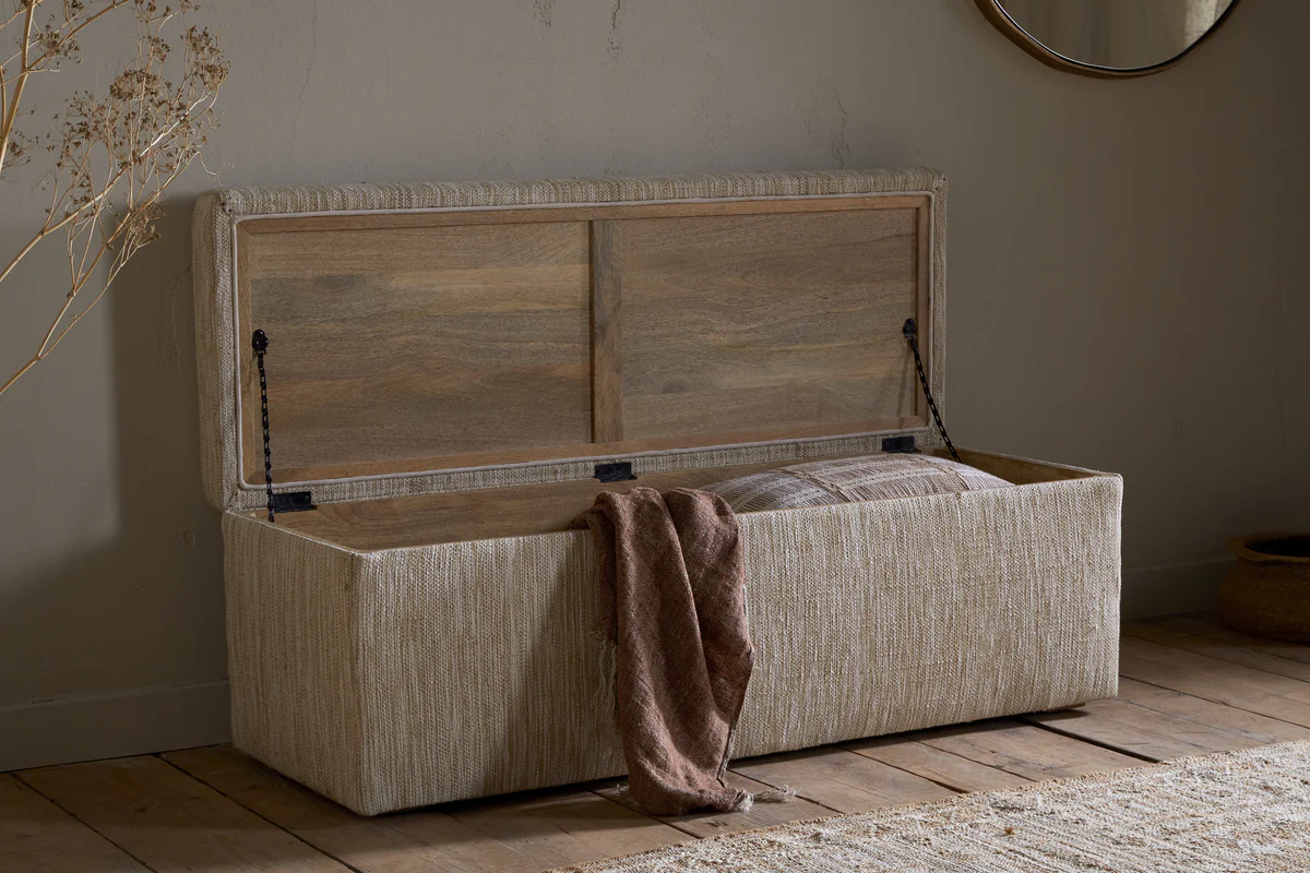 Aranya Cotton & Jute Upholstered Storage Bench - Natural - Image 3