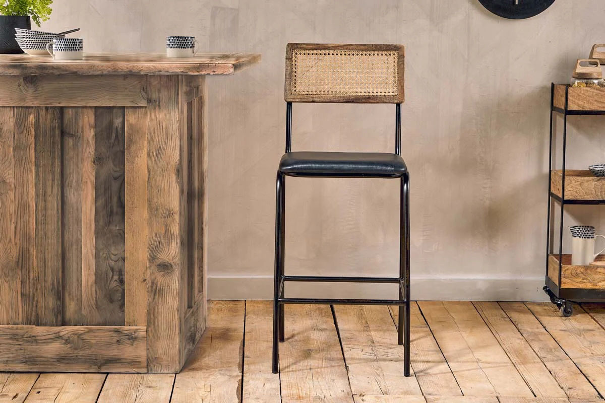 Iswa Leather & Cane Counter Chair - Aged Black - Image 2