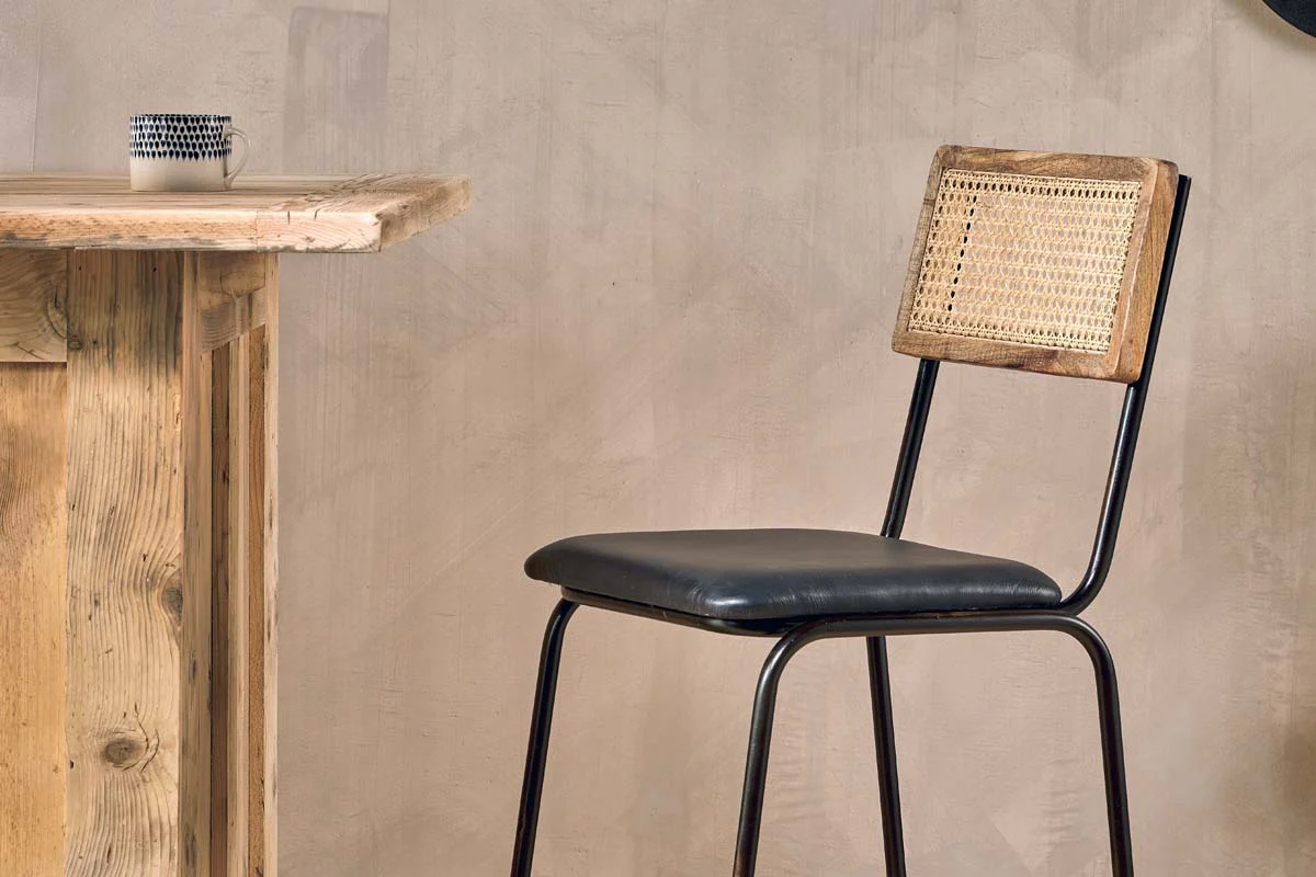 Iswa Leather & Cane Counter Chair - Aged Black - Image 3