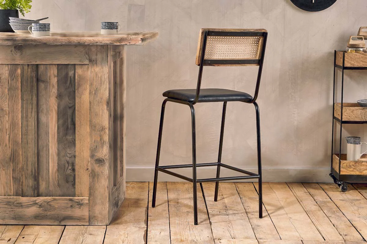 Iswa Leather & Cane Counter Chair - Aged Black - Image 6