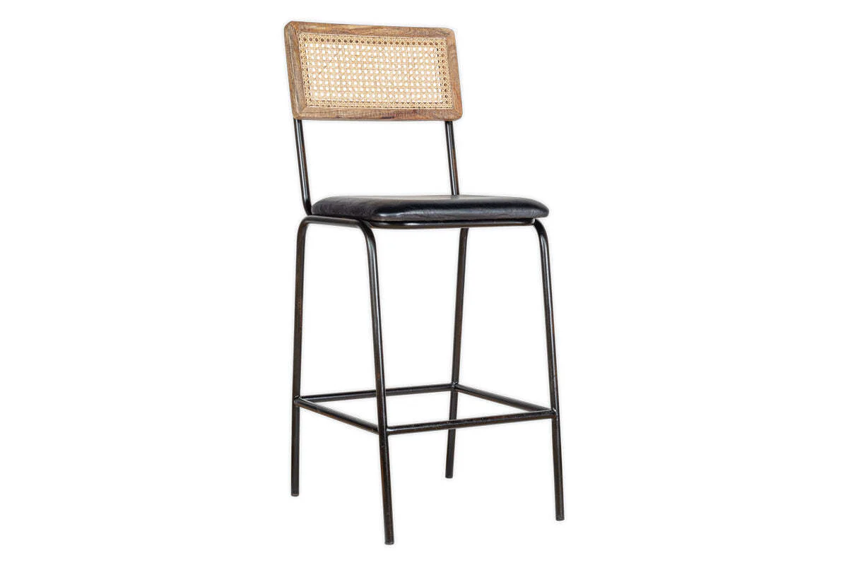 Iswa Leather & Cane Counter Chair - Aged Black - Image 9