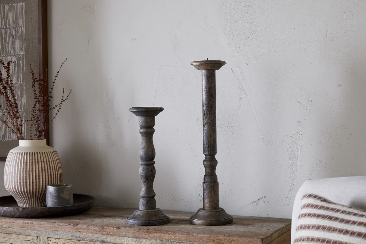 Nayati Rustic Wood Pillar Candle Stick - Dark Stain - Image 2