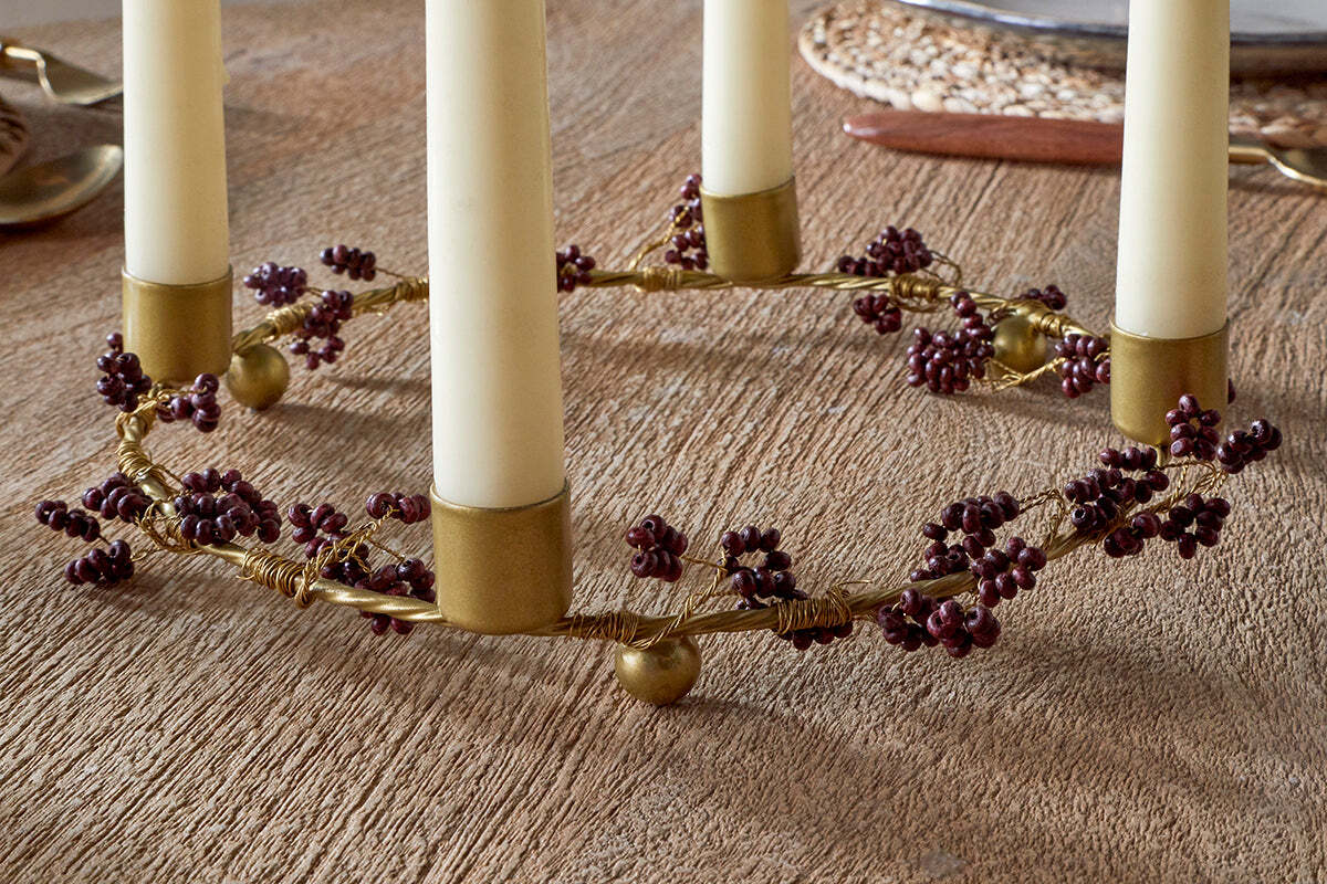 Tanu Mango Wood Beaded Candle Holder - Brass & Ruby - Image 6